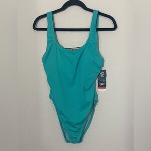NWT Speedo Teal One-Piece Swimsuit with UPF, Open Back, Ribbed, size 12